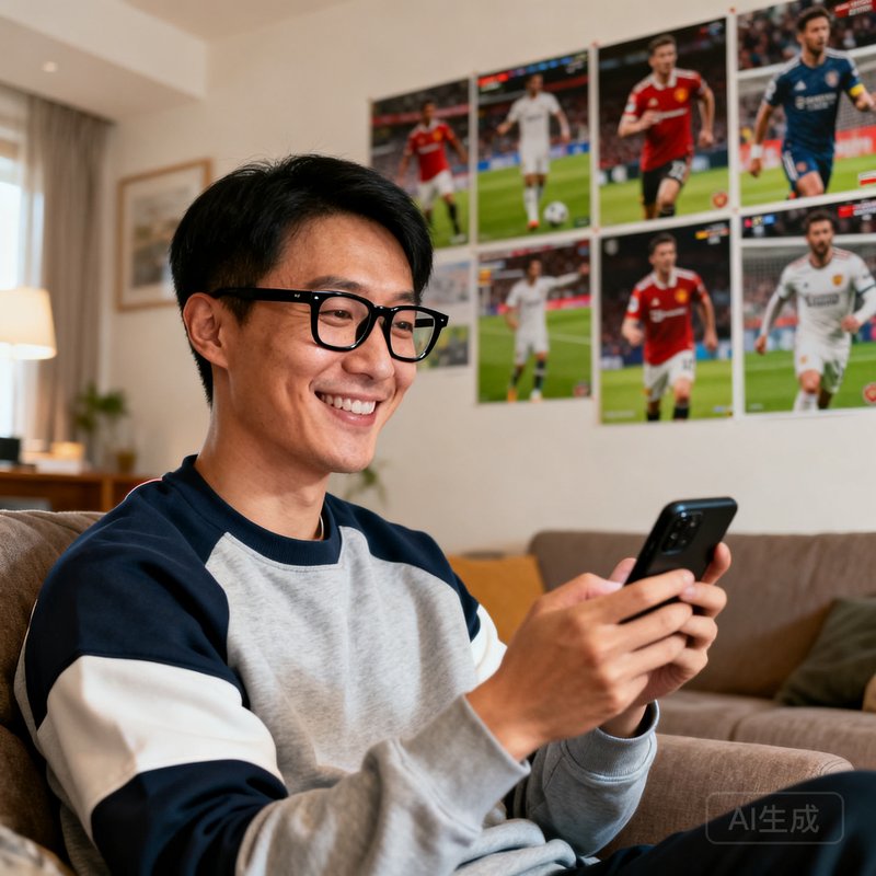 一位30岁左右的中国男性体育爱好者，戴着黑框眼镜，穿着休闲运动卫衣，面带微笑坐在家中客厅沙发上，手里拿着手机正在观看比赛直播，背景墙上贴着多张球星海报。