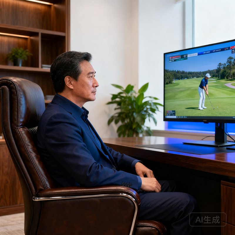 一位40多岁的中年男性商务人士，穿着深蓝色西装衬衫，坐在高端办公室的皮质座椅上，侧身面对一台大屏幕显示器，上面正播放着高尔夫比赛直播，表情沉稳而投入。